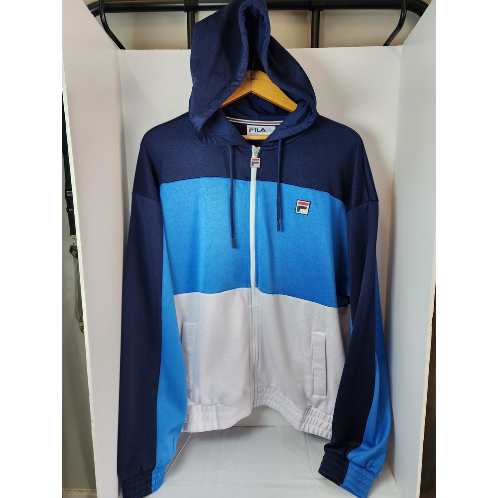 Fila Mens Track Jacket Hoodie Full Zip Colorblock Navy Blue White XXL